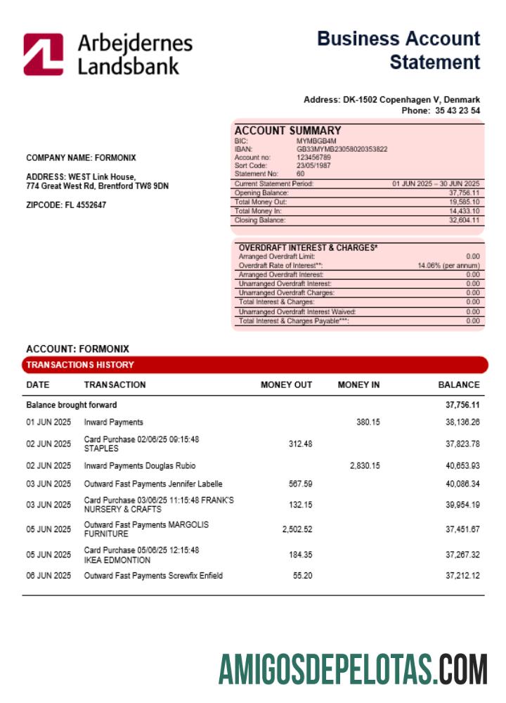 Imprimível Arbejdernes Landsbank Enterprise Account Statement Word And PDF model